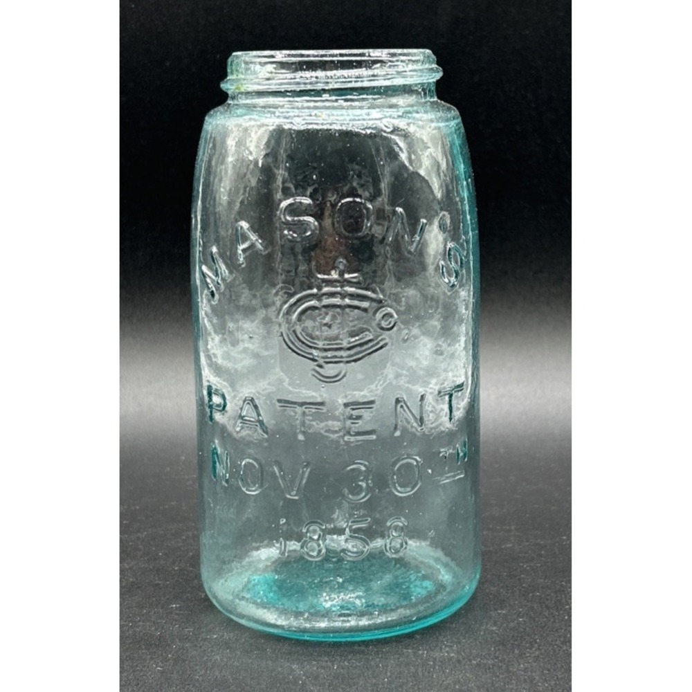 Antique Masons Patent Nov 30th 1858 CFJ Monogram Quart Fruit Jar Aqua Base 1281